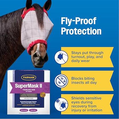 Farnam SuperMask II Horse Fly Mask Without Ears for Eyes, Yearling Size - size: Yearling