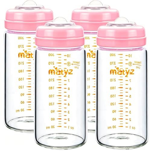 Matyz Glass Breastmilk Storage Set, 4 Pack 10oz, Compatible with Spectra Medela Philips Avent Pumps, Wide-Mouth Leakproof Containers for Freezing & Feeding, BPA-Free (Pink Lids) - color: [4 Pack] Pink Lids - 10 Ounce Borosilicate GLASS Bottle