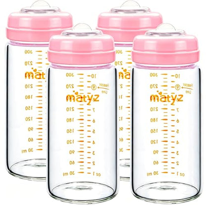 Matyz Glass Breastmilk Storage Set, 4 Pack 10oz, Compatible with Spectra Medela Philips Avent Pumps, Wide-Mouth Leakproof Containers for Freezing & Feeding, BPA-Free (Pink Lids) - color: [4 Pack] Pink Lids - 10 Ounce Borosilicate GLASS Bottle