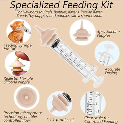 Pet Feeder Syringe, Newborn Animal Feeder Syringe Individually Wrapped, 1ML/3ML/5ML Pet Feeding Nursing Syringe with 5 Nipple, Silicone Pet Feeding Nipple for Kitten Puppy and Small Animals