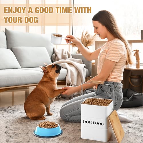 Tioncy 2 Pcs Metal Dog Food Storage Containers Total 10-14 Lbs (50 Cup) Capacity, Airtight Pet Food Canister with Bamboo Lids Scoop DIY Labels Dog Treat Storage Jars for Kitchen Counter(White) - color: White
