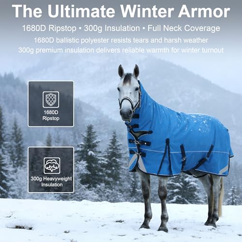 1680D Heavyweight Horse Blanket with 300g Insulation in Body and Hood, Full Neck Combo, Waterproof Breathable Insulated Winter Turnout Blanket Cyanblue 78 - size: 78"