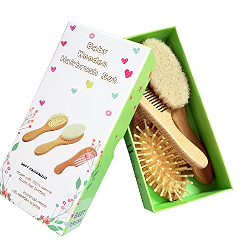 3 Piece Baby Hair Brush and Comb Set | Natural Wooden Hairbrush, Soft Goat Bristles, For Cradle Cap, Scalp Grooming Product - color: Walnut