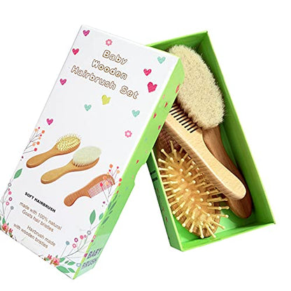 3 Piece Baby Hair Brush and Comb Set | Natural Wooden Hairbrush, Soft Goat Bristles, For Cradle Cap, Scalp Grooming Product - color: Walnut