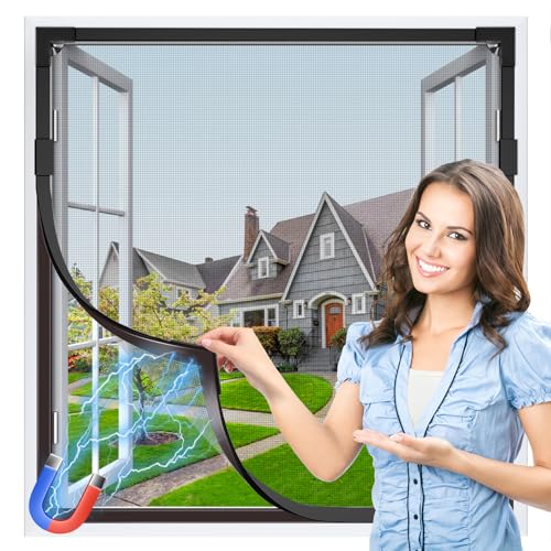 HOFUDON Window Screen Adjustable Magnetic Window Screen Replacement Max 39” x 59”, DIY Fiberglass Mesh Window Screens for House Windows Black Frame Grey Mesh - color: Black Frame Gray Mesh, size: 39" x 59"