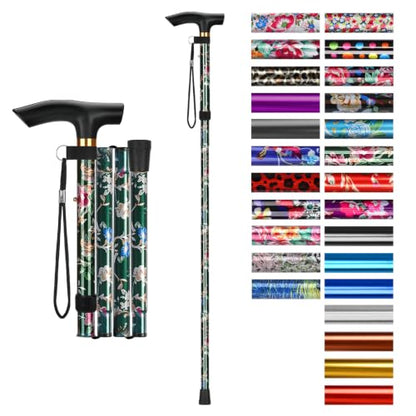 supregear Folding Cane, 5-Level Adjustable Height Walking Stick Lightweight Collapsible Portable Travel Cane with Wrist Strap and T Handle for Elderly Disabled Men Women - color: Green Floral