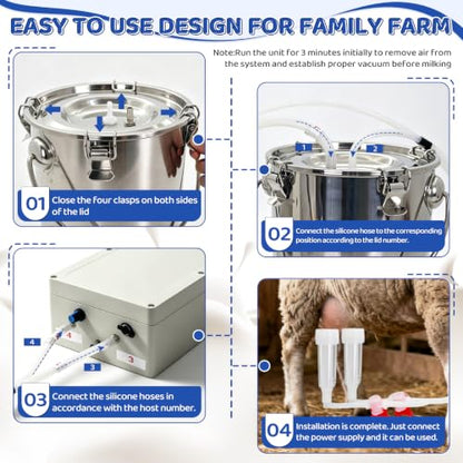 2-in-1 Goat and Cow Milking Machine, 3.7Gal Stainless Steel Bucket with 5200mAh Built-in Rechargeable Battery, Cordless Electric Vacuum Pulsator, 4 Teat Cups, Portable Electric Milking Machine (7L)