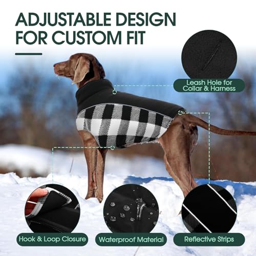 Kuoser Dog Winter Coat, Reversible Waterproof Dog Jacket with Reflective Strip, Warm Dogs Fleece Vest Adjustable Doggy Cold Weather Clothes Plaid Christmas Outfit Pet Apparel for Large Dogs, Black 2XL - color: Black, size: XX-Large (Chest Girth: 29.9-35.4