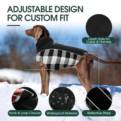 Kuoser Dog Winter Coat, Reversible Waterproof Dog Jacket with Reflective Strip, Warm Dogs Fleece Vest Adjustable Doggy Cold Weather Clothes Plaid Christmas Outfit Pet Apparel for Large Dogs, Black 2XL - color: Black, size: XX-Large (Chest Girth: 29.9-35.4