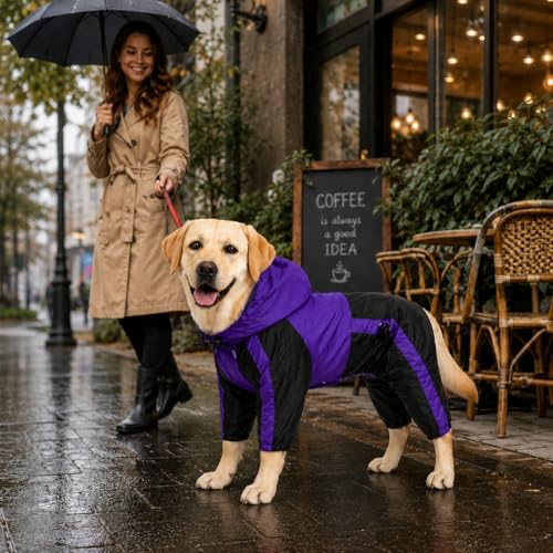 Lovelonglong Dog Hooded Raincoat, Large Dog Rain Jacket Poncho Waterproof Clothes with Hood Breathable 4 Feet Four Legs Rain Coats for Small Medium Large Pet Dogs Purple L-S - color: Purple, size: L-S (Medium Dog ~30lbs)