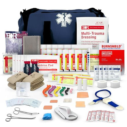 First Responder Trauma First Aid Kit Bag – Fully Stocked Emergency Medical Kit for Workplace, Vehicle & Home – OSHA & ANSI Compliant – Portable – Blue - color: Blue