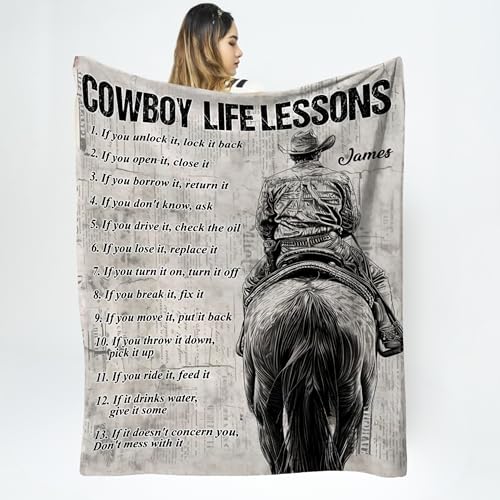 Cowboy Life Lessons Blanket, Personalized Cowboy Fleece Blanket, Cool Blanket Gift for Horse Lovers, Personalized Horse Blanket for Boys Custom Blanket with Name, Horse Throw Blanket for Men 50”x60”