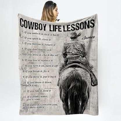 Cowboy Life Lessons Blanket, Personalized Cowboy Fleece Blanket, Cool Blanket Gift for Horse Lovers, Personalized Horse Blanket for Boys Custom Blanket with Name, Horse Throw Blanket for Men 50”x60”