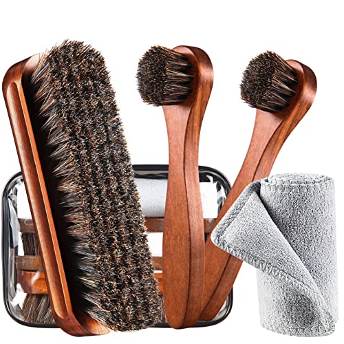 4 Pcs Horsehair Shoe Brush Kit Polishing Daubers Applicators Leather Care Brushes Shine Cleaning Cloth with Bag(Shoe Brush Set E) - style: Shoe Brush Set E