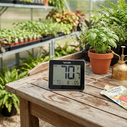 Taylor Wired Digital Indoor Outdoor Thermometer with LED Display, Wired Probe Sensor for Home, Greenhouse, Nursery, and Indoor Use, White Housing