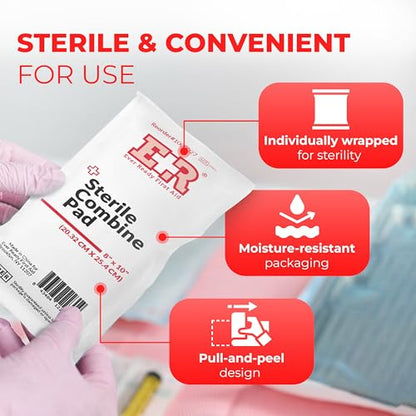 Sterile Combine (ABD) Pads 8" x 10" – Highly Absorbent Design for Large Wounds, Individually Wrapped for Easy Use, Ideal for First Aid Kits – 18 Count