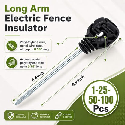 Tandefio 50 Pcs Electric Fence Wire Insulator Stand Off Screw in Insulator Black Fence Post Long Arm Wood Post for Tape Rope Electric Wire Animal Agricultural Garden