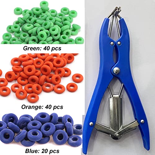 Goat Banding Tools Livestock Bander and Bands Kit with 1pc Expander Plier, 100pcs Rings (Blue Orange and Green)
