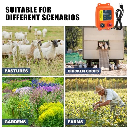 Electric Fence Energizer, 2-Mile/ 8 Acres Plug in Electric Fence Charger, Livestock Fence Charger for Dogs, Raccoons, Livestock, Squirrels, Chicken Coops, Skunks intruding, 0.1 Joule - color: Orange