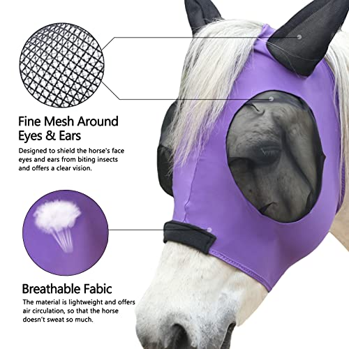 Stretchy Horse Fly Mask with Ears, Large Eye Space Violet Full - color: Violet, size: Full