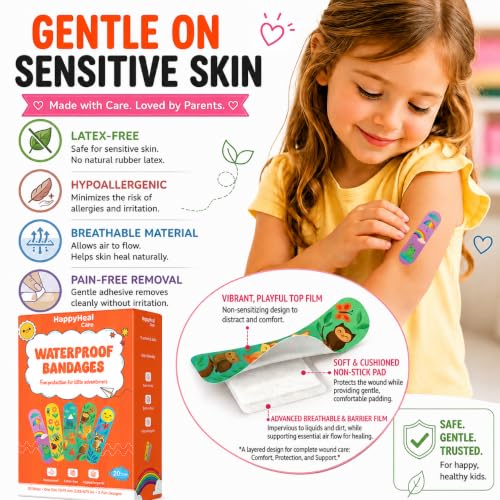 Waterproof Self-Adhesive Bandages, Sterile & Individually Wrapped, Fun Cartoon Designs, Latex-Free, Hypoallergenic, 4-Sided Seal, First Aid for Minor Cuts, Scrapes & Wounds