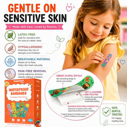 Waterproof Self-Adhesive Bandages, Sterile & Individually Wrapped, Fun Cartoon Designs, Latex-Free, Hypoallergenic, 4-Sided Seal, First Aid for Minor Cuts, Scrapes & Wounds