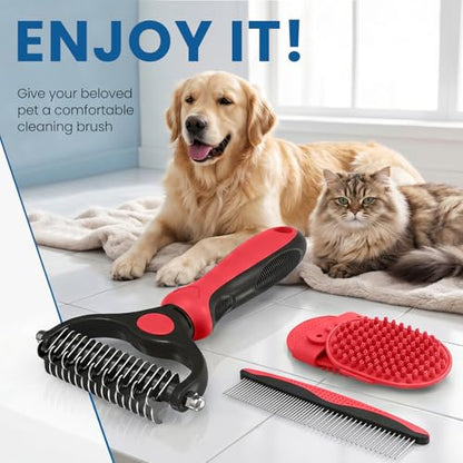 Dog Brush for Shedding, Metal Comb and Dog Bath Brush - color: Red