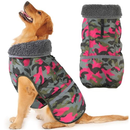 Dogcheer Warm Dog Coat, Waterproof Dog Jacket Reflective Adjustable Puppy Winter Coat with Buckle, Christmas Pet Snow Jacket Turtleneck Fleece Sweater for Small Medium Large Dogs - Camo Pink, M - color: Camo Pink, size: Medium