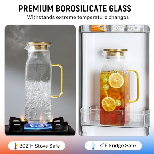 2 Pack 2 Liters/68 oz Square Glass Pitcher with Lid and Handle for Fridge, Iced Tea and Coffee Carafe Beverage Serveware, Heat Resistant Borosilicate Water Gold Jug for Hot/Cold Drinks and Milk - size: 68 oz Gold