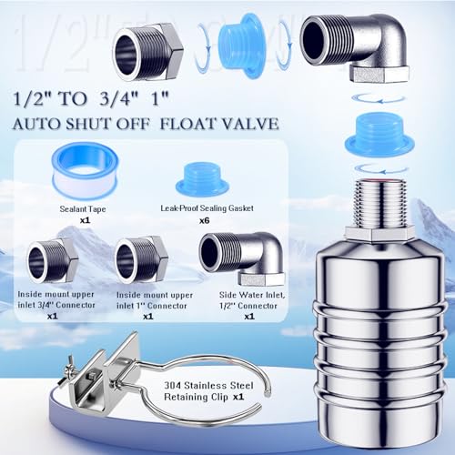 Float Valve, 304 Stainless Steel Float Valve, Automatic Water Level Control Valve - No Electricity Needed, Manual Shut Off for Water Tanks, Pools, Livestock Troughs(1/2” & 3/4” 1” Kit, Side/Top Entry)