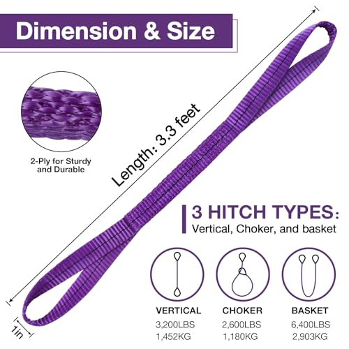 Lift Sling Straps,1" x 3.3' 2-Ply Heavy Duty Flat Eye Lift Slings | Polyester Lifting Strap Tree Saver Recovery Strap Web Sling Rigging Moving Tow Hoist Gear Straps 3200 lb 2600 lb 6400 lb 2P - color: Purple, size: 1" x 3.3' (2 pack)