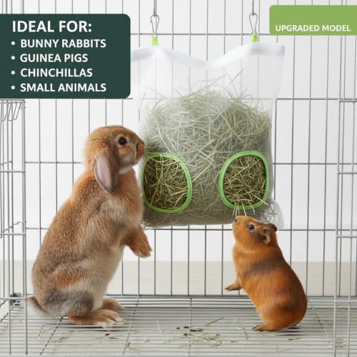 Rabbit Hay Feeder Bag, 9.8x11inches | Chew-Resistant Dual-Hole Slow Dispenser for Bunny & Guinea Pigs, New Model