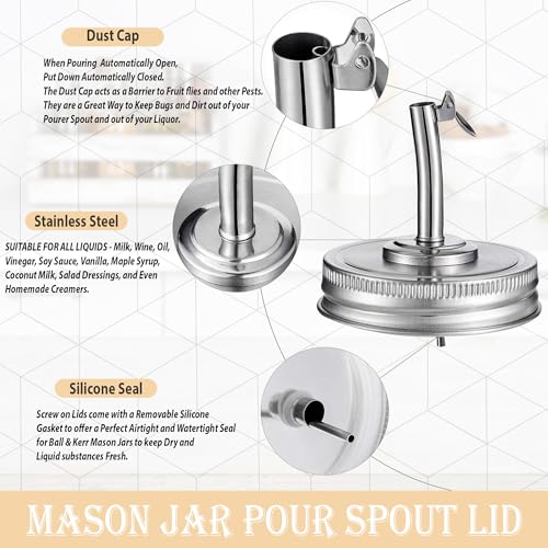 Mason Jar Pour Spout Lid for Ball Regular Mouth Mason Jars - (2 Pack) - Suitable for any liquid - Stainless Steel Open Closed Dispenser Lid for Olive Oil, Vinegar, Syrup, Milk, and Salad Dressing