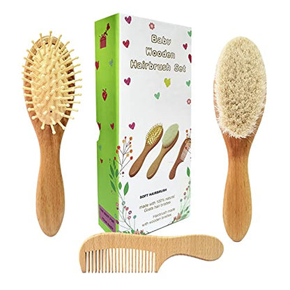 3 Piece Baby Hair Brush and Comb Set | Natural Wooden Hairbrush, Soft Goat Bristles, For Cradle Cap, Scalp Grooming Product - color: Walnut