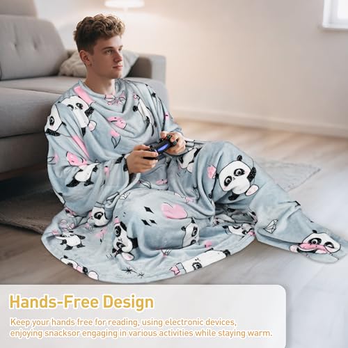 Catalonia Wearable Blanket with Sleeves & Foot Pocket for Adults - color: Panda Grey, size: Fleece