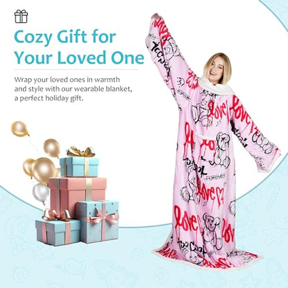 Catalonia Sherpa Wearable Blanket with Sleeves and Pocket for Adults - color: Graffiti Bear Pink, size: Standard Pocket