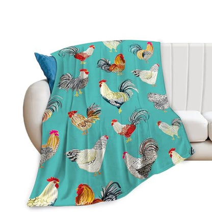 Farmhouse Chicken Blanket Ultra Soft Cozy Farm Rooster Throw Blanket Fleece Fuzzy Plush Bedding Country Chicken Gifts for Women Girls Kids Adults 50"x40" - color: Chicken Teal, size: 50"x40"