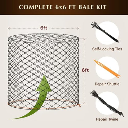 6x6 Ft Round Bale Hay Net for Horses – Knotless Slow Feeder Net with 2” Holes – Fits Up to 6x6 Round Bales or Square Bales – Helps Reduce Hay Waste – Large, Durable Hay Feeder, Year-Round Use - size: Bale Size 6x6 FT