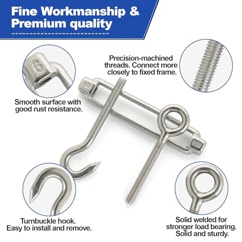 TooTaci 10PCS M6 Turnbuckle, 304 Stainless Steel Turnbuckle Hook and Eye | Turnbuckle Wire Tensioner, 220lb Adjustable Turnbuckles for Cables Wire, Shade, Cable Tightener, Garden Trellis, Clothesline - size: M6 OC-10Pcs