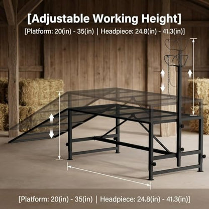 53x26"Goat Sheep Stand with Removable Ramp & Feed Tray, 1000LBS Livestock Trimming Stand, Adjustable Height for Milking Shearing Hoof Care Metal Construction