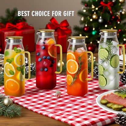 GLASKEY 74oz Square Glass Pitcher with Lid and Handle for Fridge,Borosilicate Glass Carafe for Hot or Cold Drink, Large Jug for Iced Tea,Coffee,Juice,Homemade Beverage (Gold) - size: 74 Ounces