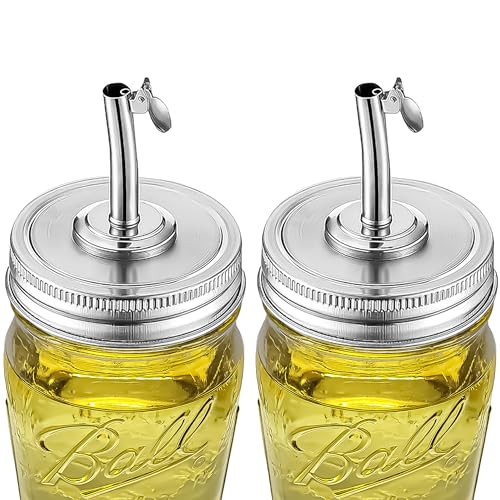 Mason Jar Pour Spout Lid for Ball Regular Mouth Mason Jars - (2 Pack) - Suitable for any liquid - Stainless Steel Open Closed Dispenser Lid for Olive Oil, Vinegar, Syrup, Milk, and Salad Dressing