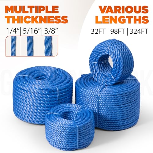 1102lbs Heavy Duty PP/Polyester/Nylon Rope, Blue, 1/4in X 98FT | Weather-Resistant & Waterproof Rope for Pool, Camping, Construction & Rigging Applications - color: Blue, size: 1/4in X 98FT