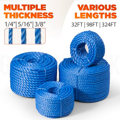 3142lbs Heavy Duty PP/Polyester/Nylon Rope, Blue, 3/8inX98FT | Weather-Resistant & Waterproof Rope for Pool, Camping, Construction & Rigging Applications - color: Blue, size: 3/8in X 98FT