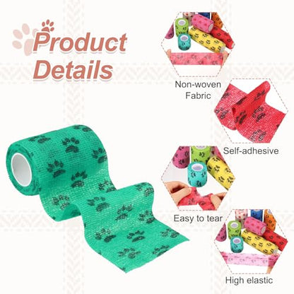 Pet Wrap Bandages, 3 Inch 5 Yard Self Adhesive Bandage Wrap, Pet Non-Woven Tape First Aid Cohesive Gauze, (Green/Paw, 2 Pcs), Intended for Dog/Cat/Bird/Legs/Paws/Wound - color: Green, size: 3 inch