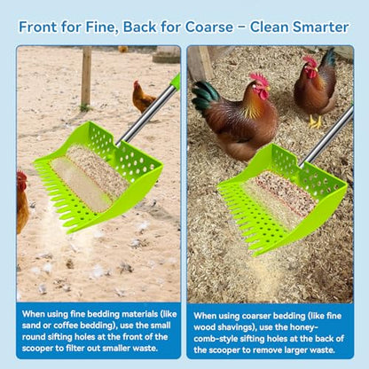 2-in-1 Chicken Poop Scooper & Rake, 20–61" Extendable Handle