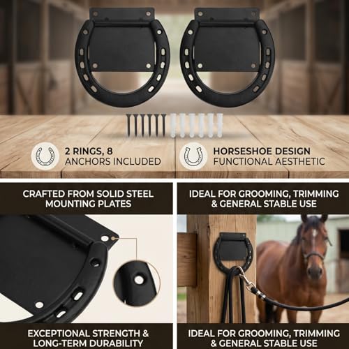 CHICIRIS Horse Hitching Ring Horse Tie Ring Cross Tie Set of 2 Solid Steel Rustic Black Coated with 8 Expansion Screws for Stall Stable Supplies
