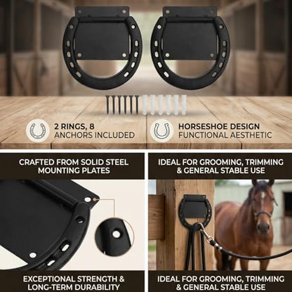 CHICIRIS Horse Hitching Ring Horse Tie Ring Cross Tie Set of 2 Solid Steel Rustic Black Coated with 8 Expansion Screws for Stall Stable Supplies