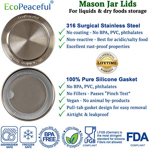 316 Surgical Stainless Steel Mason Jar Lids REGULAR Mouth,ORIGINAL DESIGN,Stackable w/ Pull-Tab Silicone Seal. Rust-proof, Airtight, Leak-proof, Vegan, BPA-Free, Reusable,Not for Canning - size: 12 Regular Mouth Lids