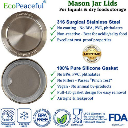 316 Surgical Stainless Steel Mason Jar Lids REGULAR Mouth,ORIGINAL DESIGN,Stackable w/ Pull-Tab Silicone Seal. Rust-proof, Airtight, Leak-proof, Vegan, BPA-Free, Reusable,Not for Canning - size: 12 Regular Mouth Lids